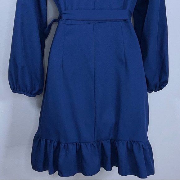 SMALL NAGOO NAVY BLUE WRAP DRESS RUFFLE ACCENT TIE CLOSURE - Picture 8 of 13